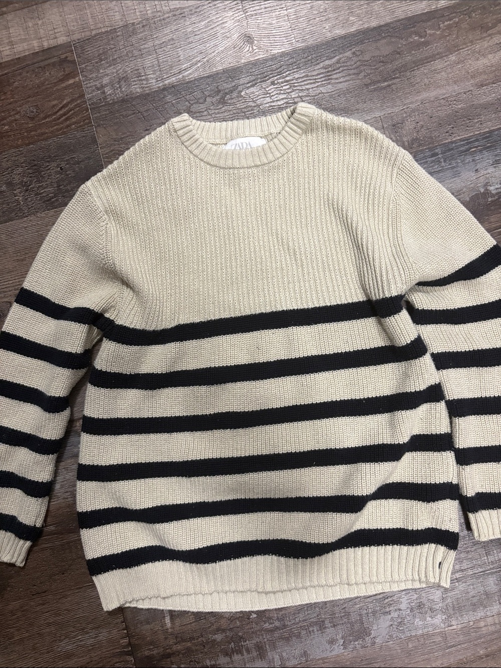Zara Cream and Black Striped Crewneck Sweater